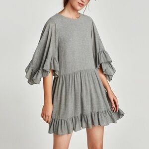ZARA Wool frilled Ruffle Dress  M Light grey
